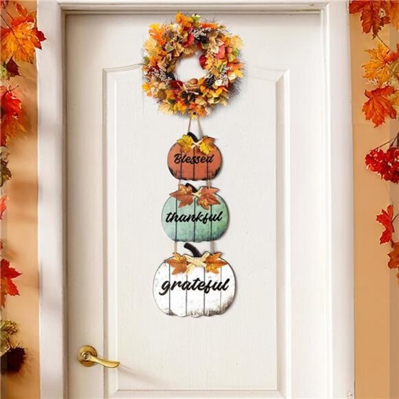 Thanksgiving Fall Decorations for Home, Wooden Hanging Pumpkin Fall Front Door - Picture 2 of 8